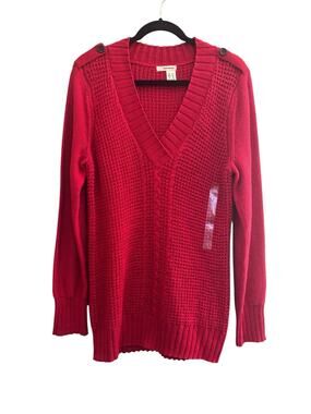 NWT DKNY Women's XL Red Vneck Cable Knit Tunic Sweater Ribbed Trim #7300